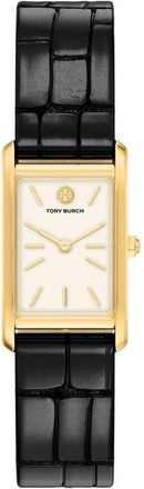 Tory Burch The Eleanor Slim Tank Leather Strap Watch, 20mm x 34mm in Black at Nordstrom
