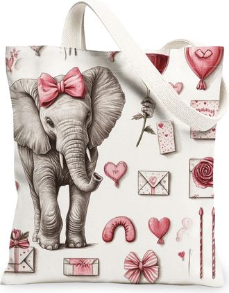 Generic Valentines Day Elephant Canvas Tote Bag for Shopping 13x15, Fun Vintage Wildlife Lover Reusable Grocery Print Pattern Bag for Women, Animal Beach Aest