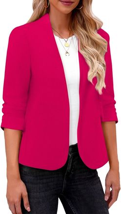 Generic Womens Cropped Blazer Collarless Suits & Blazers Open Front Jackets 3/4 Ruched Sleeves Outerwear Half Linen Cardigan-2 Hot Pink