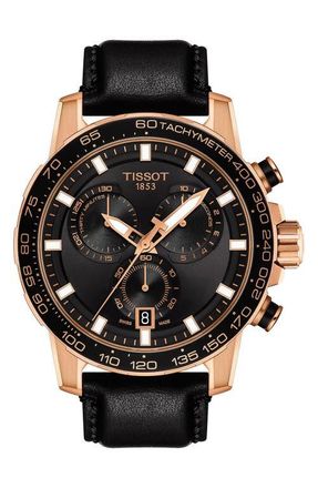 Tissot Supersport Chronograph Leather Strap Watch, 45.5mm in Black/rose Gold at Nordstrom
