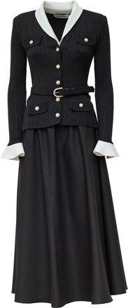 Self Portrait Knit Twill Midi Dress With Jewel Buttons And Removable Straps