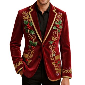 Generic Mens Christmas Blazer Corduroy Jacket Ugly Christmas Blazer Jackets Xmas Festive Costume Slim Fit Single-Breasted Suit Jacket Novelty Tuxedo Holiday P