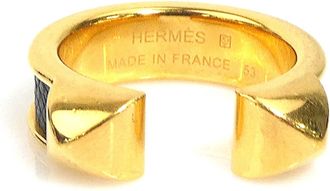 Herm&egrave;s Gold Black Leather Metal Band Ring (Pre-Owned)