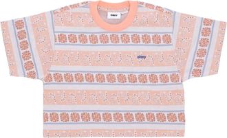 Obey Tops, Dames, Veelkleurig, S, Katoen, Gestreepte Crop Tee Perzik Zand Multi