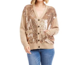 Karen Kane Sequin Cardigan Sweater In Dark Oatmeal
