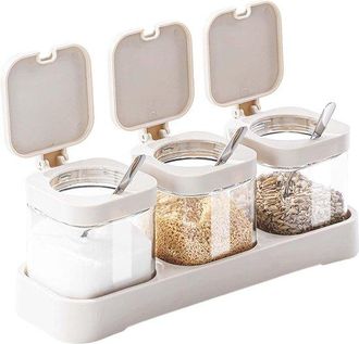 OEM 3 Tarros De Especias Con Cuchara De Acero Inoxidable, Harina, Az&uacute;car, Vidrio, Especiero Cuadrado Con Tapa Y Base, Salero, Especias, T&eacute;