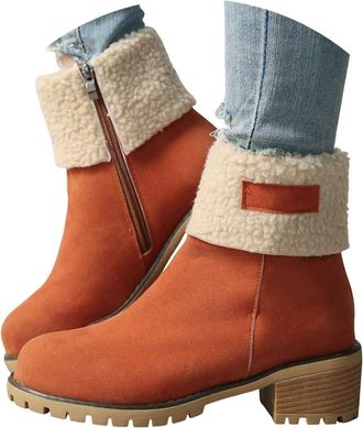 Generic 2025 Womens Winter Boots - Round Toe Snow Ankle Fur Lined Booties with Side Zipper & Chunky Heel - Comfortable Suede(Orange,8.5)