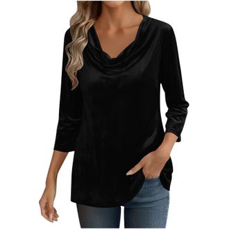 Generic Velvet Top for Women Uk 3/4 Sleeve Drape Ruched Front Blouses Cowl Neck T Shirts Ladies Casual Slim Fit Sweatshirts Baggy Dressy Tunic Tops Lightweigh