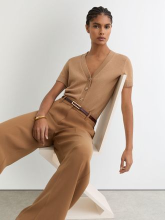 Reiss Camel V-neck Short-sleeve Cardigan Cotton-wool, XS