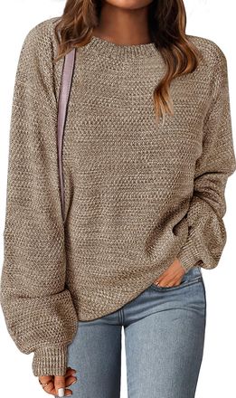 Merokeety Womens 2024 Fall Winter Oversized Pullover Sweater Trendy Crew Neck Long Sleeve Heathered Knit Jumper Tops, Mocha, M
