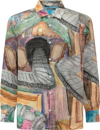 KidSuper Studios Book Page Silk Shirt - Heren - Casual Overhemden - Veelkleurig - XS - Overhemden