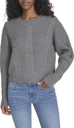 Tommy Hilfiger Womens Solid Cable Crewneck Bobbi Pullover Sweater, Fog Heather Grey, M