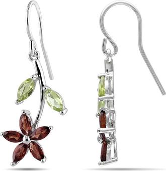 Amour Garnet and Peridot Flower Charm Earrings In Sterling Silver