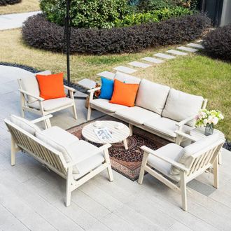 Direct Wicker 6-Piece Acacia Wood Outdoor Sectional Sofa Set, Naturally Sanded in Cream | Size: 5 Pack