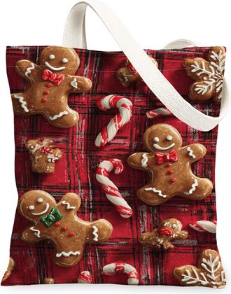 Generic Christmas Gingerbread Canvas Tote Bags, Biscuits Pattern Reusable Grocery Bags, Vintage Plaid Lightweight Washable for Trav, Red, 13x15 Inch