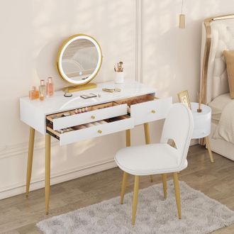 Woltu Woltu - Tocador De Maquillaje Con Taburete Y Espejo Led. Estaci&oacute;n De Maquillaje Con Luces Ajustables. 3 Cajones. Silla De Terciopelo Con Respaldo. En 