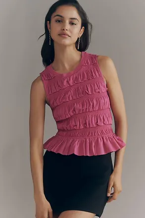 Maeve Cotton Shirred Ruffle Tank Top
