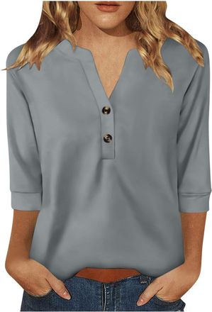 Generic Ladies Blouses 3/4 Sleeve Casual V Neck Tunic Tops for Leggings Summer Elegant Button Up Shirts Holiday Blouses Going Out Lounge T Shirts Basic Comfy 