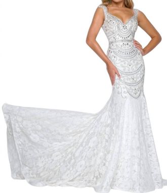 Mac Duggal Crystal Draped Lace Mermaid Gown In Ivory