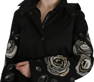 John Richmond Womens Floral Sequined Beaded Hooded Jacket Coat Black Cotton Clothing