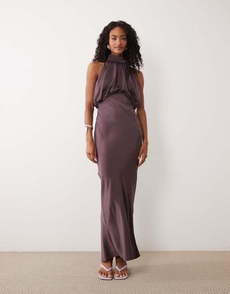 Asos Vestito lungo a campana in raso marrone cioccolato allacciato al collo-Multi