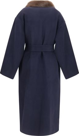 P.A.R.O.S.H. Womens Wool Coat With Fur Collar And Belt Blu Merino Ovis Aries