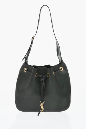 Saint Laurent Leather Shoulder Bag with Drawstring and Logo Charm Saint Laurent