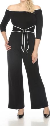 Joseph Ribkoff Contrast Trim Off-Shoulder Wide Leg Jumpsuit In Black/off-White