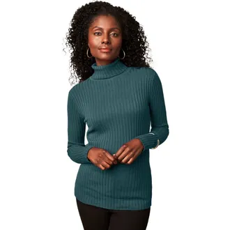 Jessica London Ribbed Cotton Turtleneck Sweater in Mystic Pine at Nordstrom, Size 24