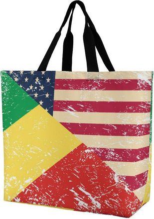 Generic U.S. And Congo Vintage Flag Reusable Shopping Bags Large Capacity Grocery Bag Heavy Duty Tote for Women 40x40x16cm