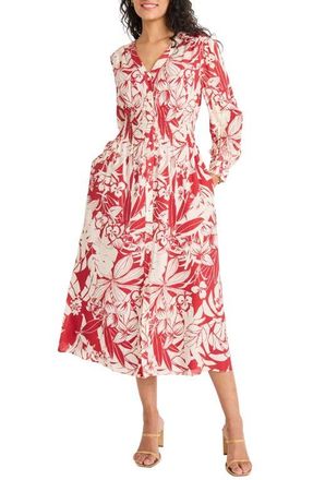 Maggy London Long Sleeve Button-Up Midi Dress in Red/Ivory at Nordstrom, Size X-Small