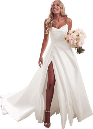 Generic Ivory Womens Strapless Satin Wedding Dress for Bride Long A Line Off Shoulder Formal Ball Gown with Slit Ruched Sweetheart Prom Dress 10