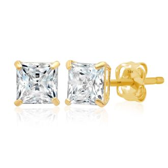 MAX + STONE 14k Yellow or White Gold Princess Cut Cubic Zirconia Stud Earrings 4MM to 7MM