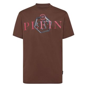 Philipp Plein Tops, Heren, Bruin, S, Katoen, T-shirt Ronde Hals SS