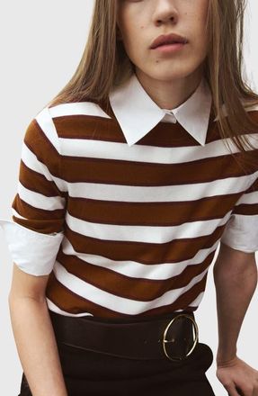 Mango Stripe Short Sleeve Sweater in Caramel at Nordstrom, Size X-Small