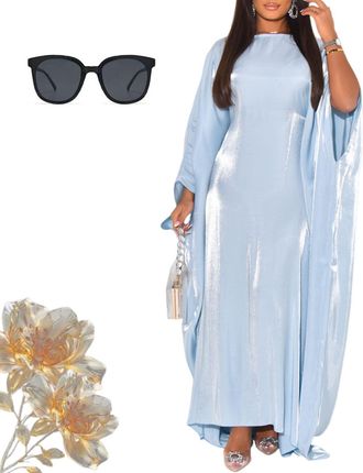Generic Butterfly Abaya Dress for Women Inner Belt, Satin Solid Color Kaftan Dresse with String, Solid Color Eid Satin Batwing Sleeve (Light Blue,One Size)