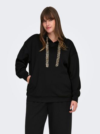 Only Carmakoma Kapuzensweatshirt ONLY CARMAKOMA CARALINA LIFE LEO DETAIL HOOD BOX JRS, Damen, Gr. M, schwarz detail:jose leo strings, Sweatware, Obermaterial: 93% Po