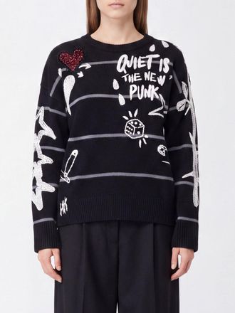 Pinko Maglia girocollo Andros a righe con slogan ricamato e cristalli
