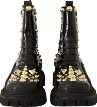 Dolce & Gabbana Womens Black Leather Studded Combat Boots