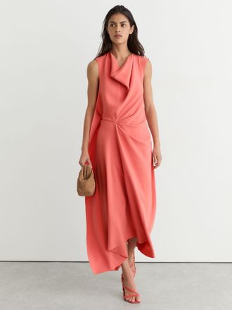 Reiss Coral Pink Petite Drape-detail Sleeveless Midi Dress, 14