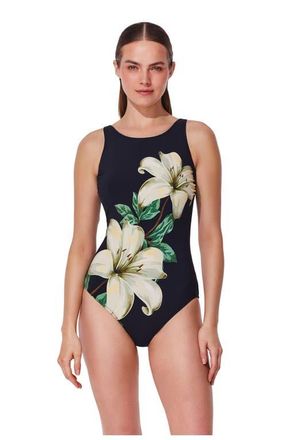 Gottex Yuri Flower Post Mastectomy High Neck One Piece in Black-Cream at Nordstrom, Size 10