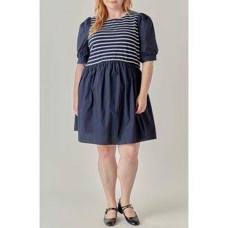 English Factory Striped High-Low Knit Combo Dress in Navy Combo at Nordstrom, Size 2X
