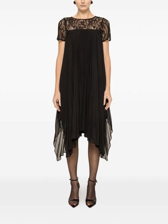 Nissa lace-panel pleated midi dress - Black