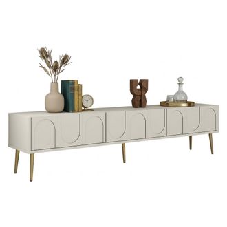 Dmora Mueble Tv Marnate, 3 Puertas, Apertura Abatible, 3 Compartimentos, 180x35x43h Cm, Blanco Crema