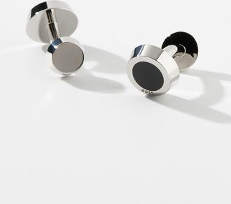 BOSS Mens Black-stone circular cufflinks