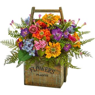Nearly Natural Mixed Floral Artificial Arrangement in Wood Basket in Multicolor at Nordstrom