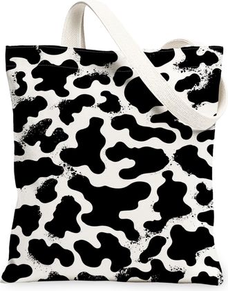 Generic Cow Print Canvas Tote Bags, Stylish Animal Pattern Reusable Grocery Bags, Modern Chic Lightweight Washable Shoulder Strap C, Black White, 13x15 Inch