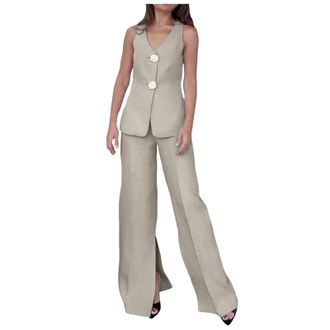 Generic 2 Piece Outfit for Women, Sleeveless Suit Vest and Wide Leg Trousers, Business Casual Sets, Womens Trouser Suit, Elegant Set, gray, S