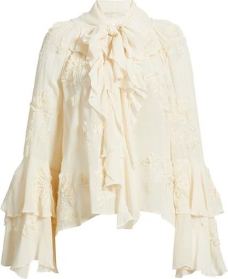 Mango Blusa Gigi Floral Embroidered Tie Mock Neck Top in Ecru at Nordstrom, Size 4