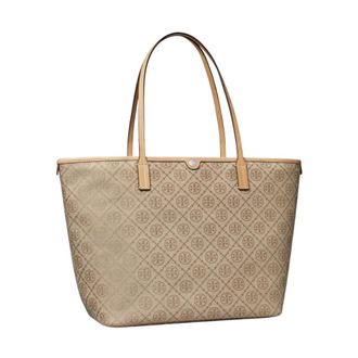 Tory Burch Tassen, Dames, Bruin, ONE Size, Linnen, T Monogram Zip Tote